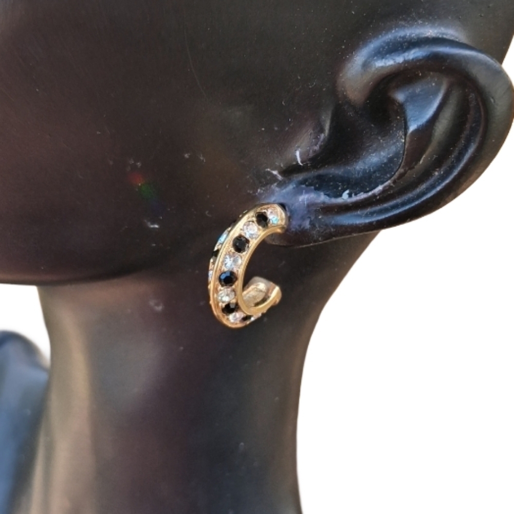 Vintage Swarovski 80s 90s Black & Clear Crystal Half Hoop Earrings